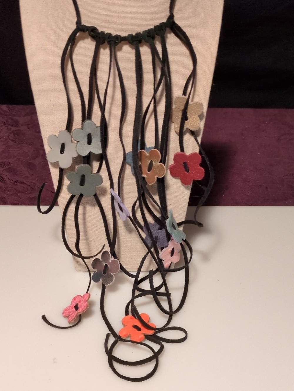 Handmade Multi-Color Dripping Flower Genuine Leather Suede Fringe Cord Necklace